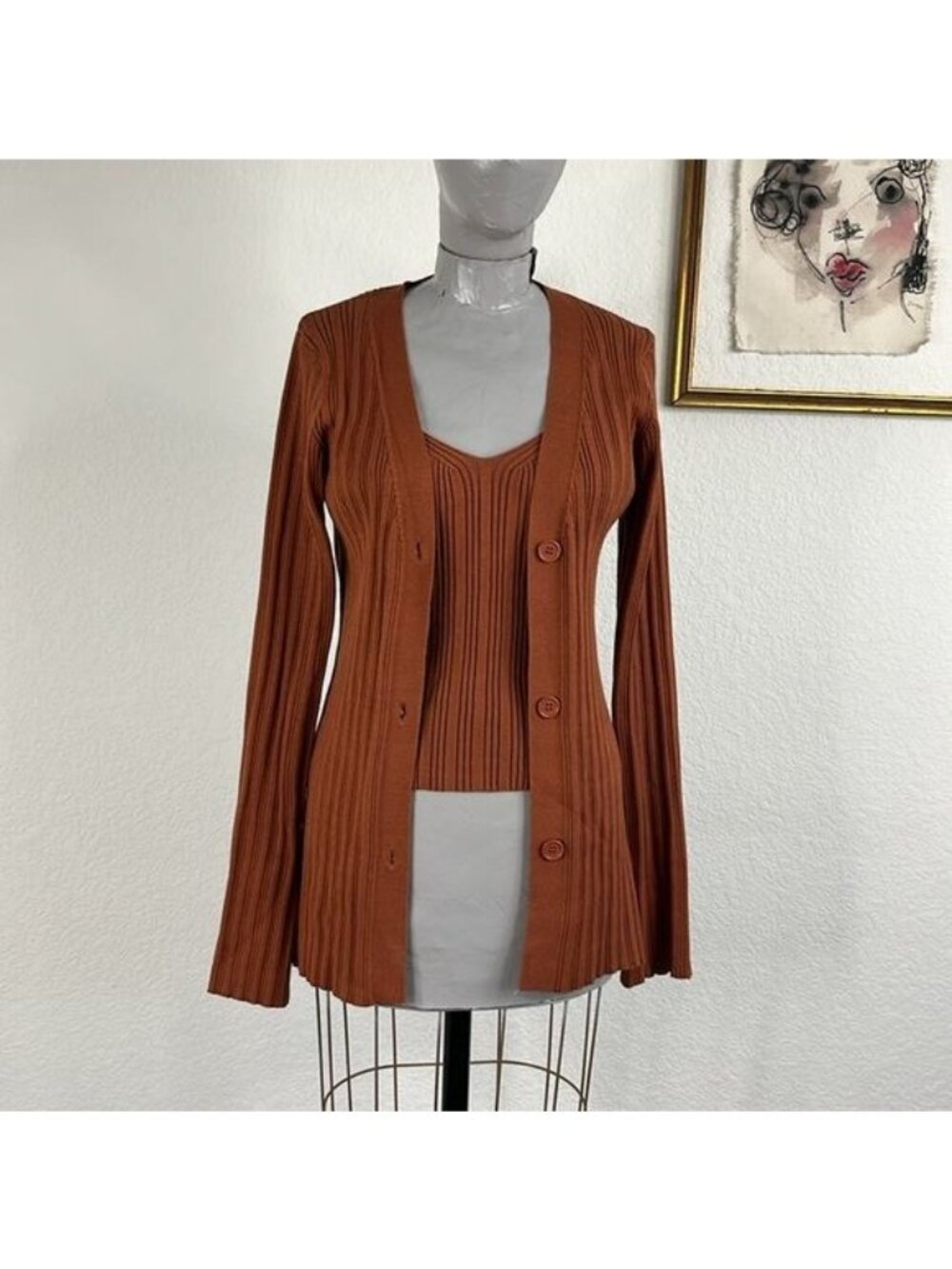 French Connection Lenora Chevron Knit Cami Cardigan Set